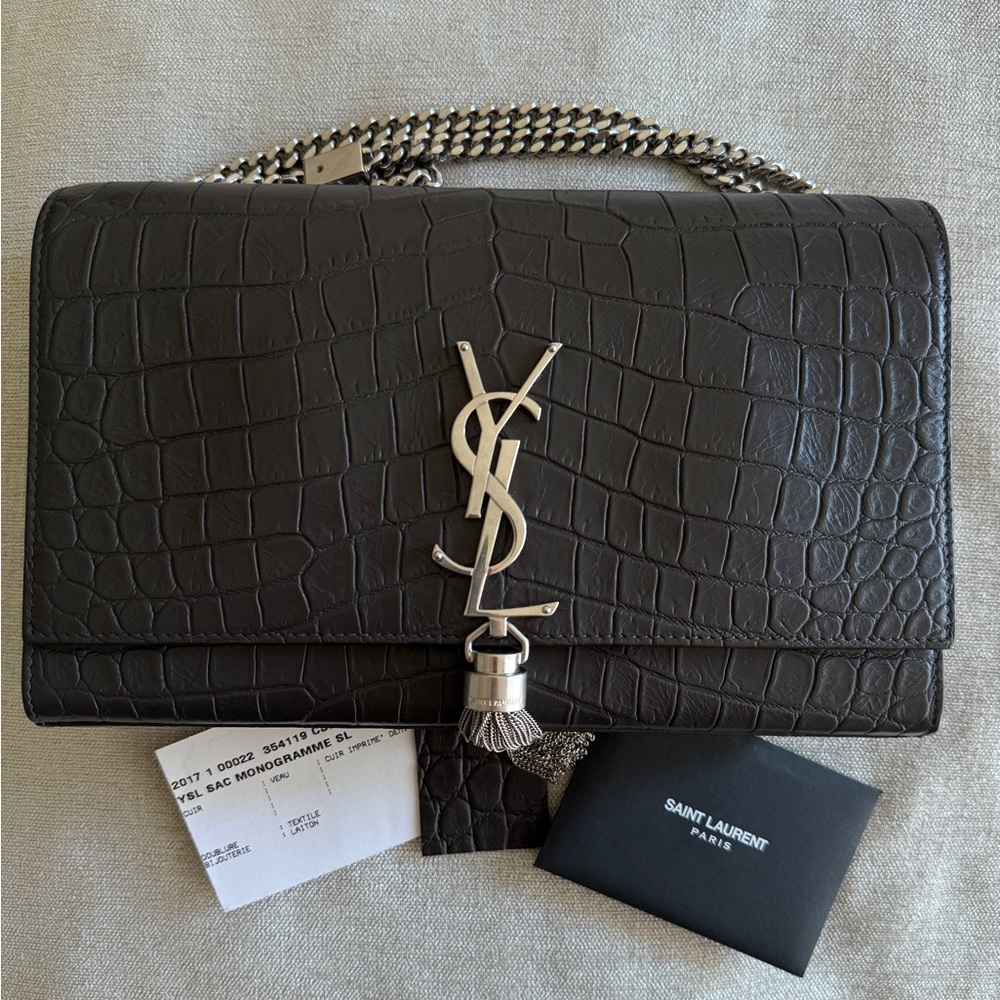 SOLD ‼️Saint Laurent Kate Dark Gray Croc-Embossed